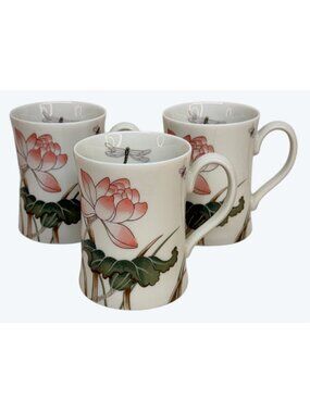 3 Fitz and Floyd Lotusland Lotus Garden Dragonfly Coffee Mugs